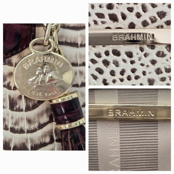 Brahmin Ivory & Brown Snakeskin Creme Rhodes Medium Asher Tote Shoulder Handbag - Picture 12 of 13